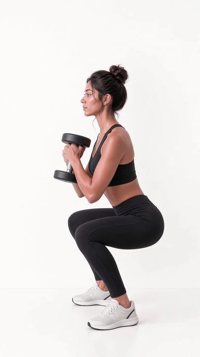Merissa, VeraForma's AI-generated fitness model, at the bottom of a goblet squat, side-on.