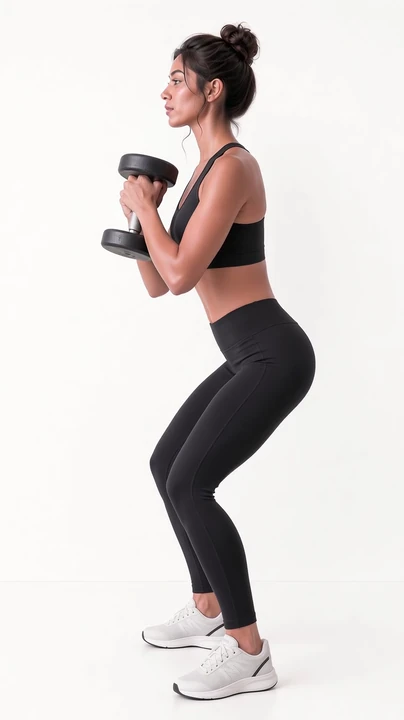 Merissa, VeraForma's AI-generated fitness model, lowering into a goblet squat side-on, in the camera view.