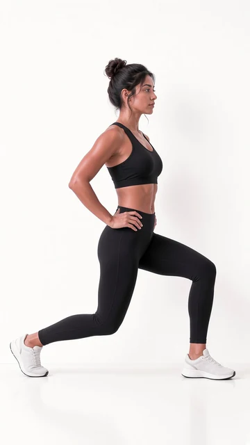 Merissa, VeraForma's AI-generated fitness model, at the bottom of a lunge, side-on, hands on her hips.