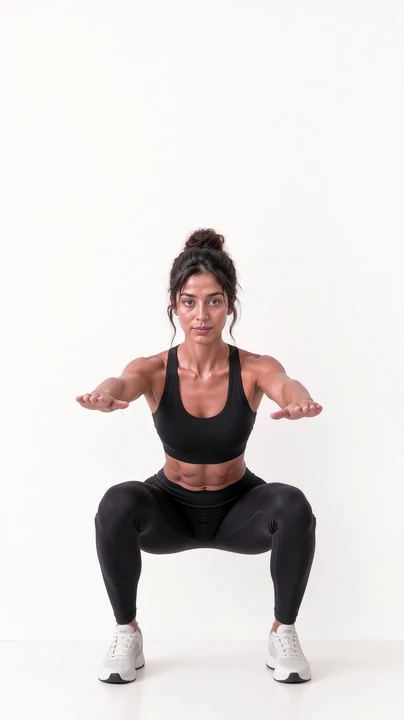 Merissa, VeraForma's AI-generated fitness model, at the bottom of a bodyweight squat facing the camera, with the lines it measured drawn on her body: knees 4.6° and 3.5°, on track.