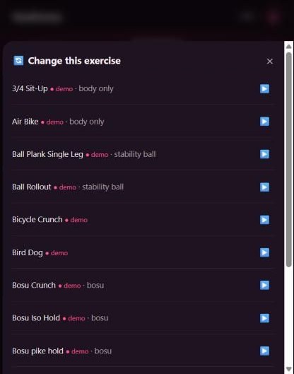 Change this exercise: a list of swaps such as 3/4 Sit-Up, Air Bike and Ball Plank Single Leg, each tagged demo